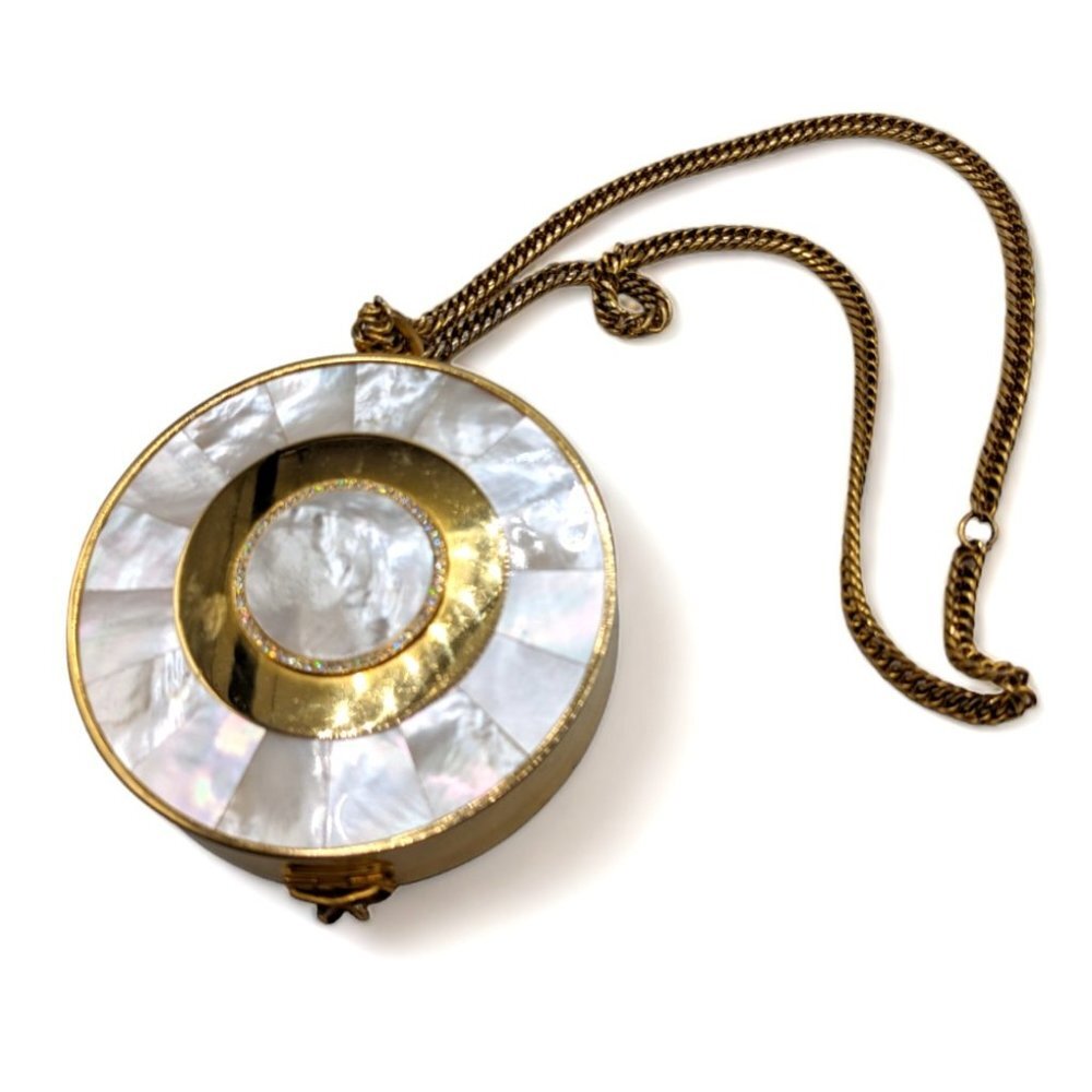 Vintage Helietta Caracciolo Mother of Pearl 5" Round Jewel Bag Minaudiere